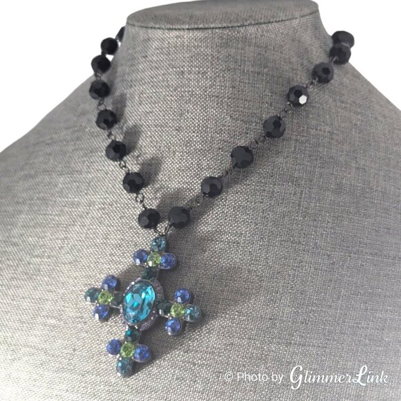 Akkad Blue & Green Sparkling Cross Black Faceted Glass Beads Necklace - Picture 4 of 12